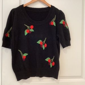 Anthropologie cashmere black short sleeve cherry sweater size m/L